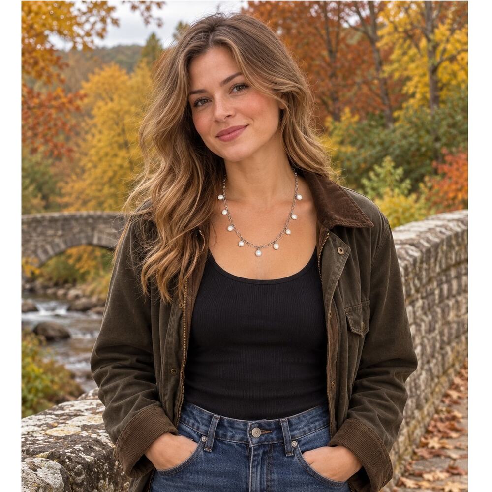 Silver-Colored Link Necklace with Nine Pearl-Like Dangles, Approximately 22"